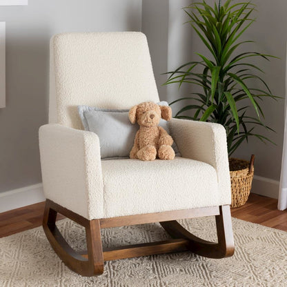Off-White Boucle Upholstered and Walnut Brown Finished Wood Rocking Chair