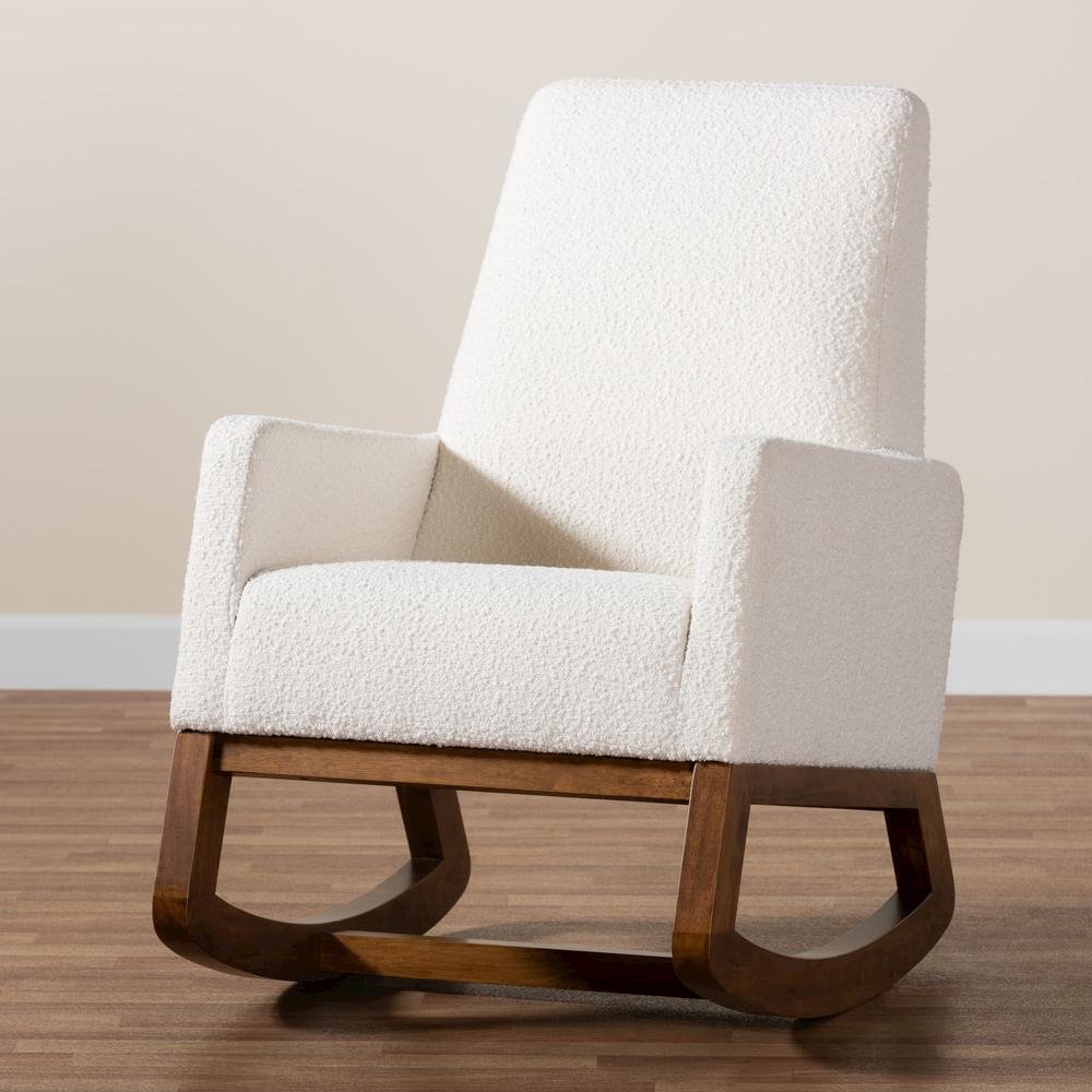 Off-White Boucle Upholstered and Walnut Brown Finished Wood Rocking Chair