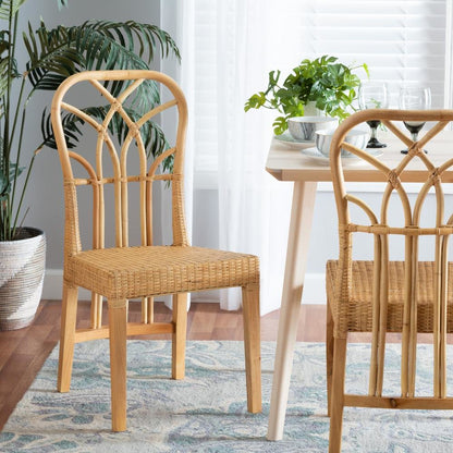 Bohemian Oak Brown Finished Mahogany Wood and Natural Rattan Dining Chair