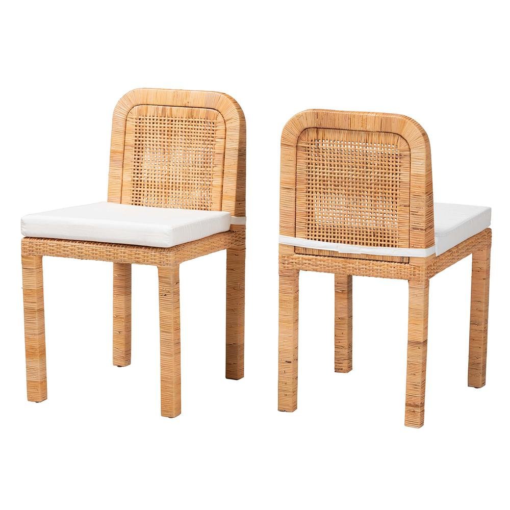 Bohemian Natural Brown Rattan and Mahogany Wood 2-Piece Dining Chair Set