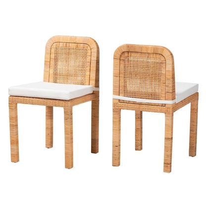 Bohemian Natural Brown Rattan and Mahogany Wood 2-Piece Dining Chair Set