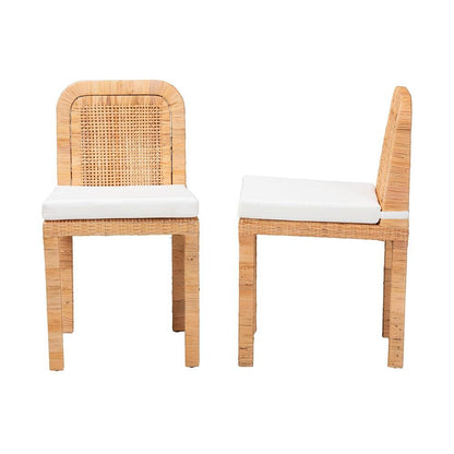 Bohemian Natural Brown Rattan and Mahogany Wood 2-Piece Dining Chair Set