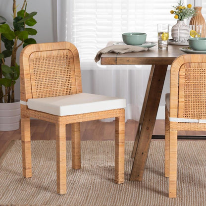 Bohemian Natural Brown Rattan and Mahogany Wood 2-Piece Dining Chair Set