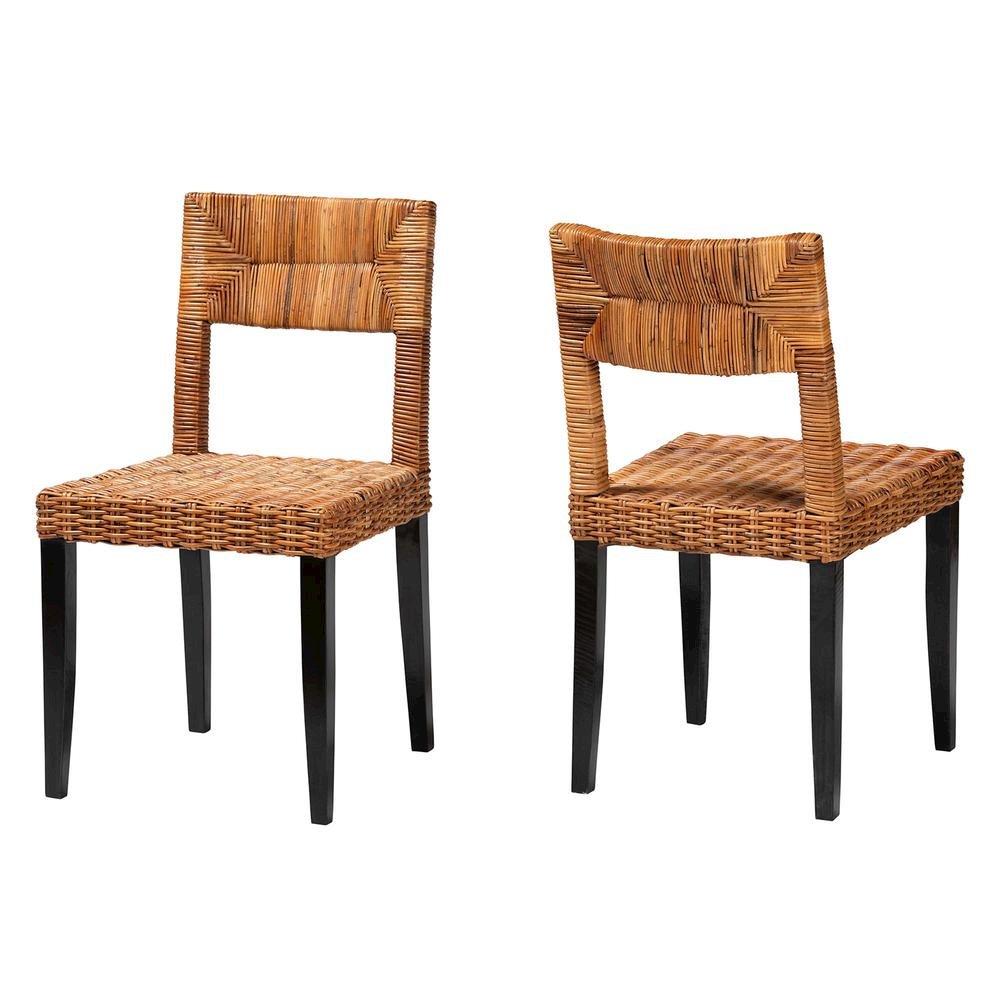 Bohemian Dark Brown Finished Wood and Natural Rattan 2-Piece Dining Chair Set
