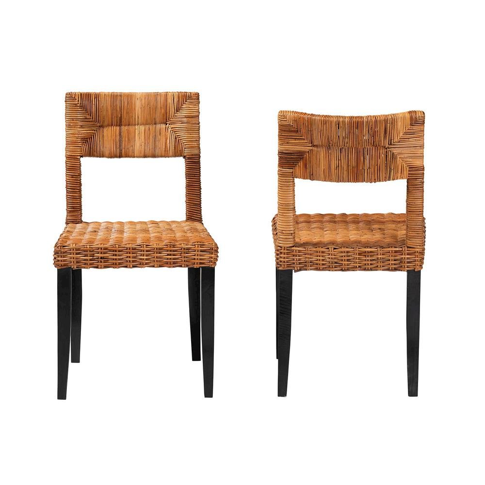 Bohemian Dark Brown Finished Wood and Natural Rattan 2-Piece Dining Chair Set