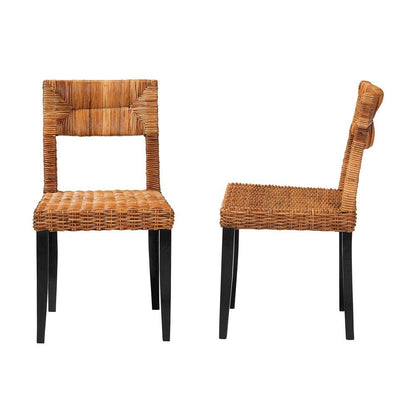 Bohemian Dark Brown Finished Wood and Natural Rattan 2-Piece Dining Chair Set