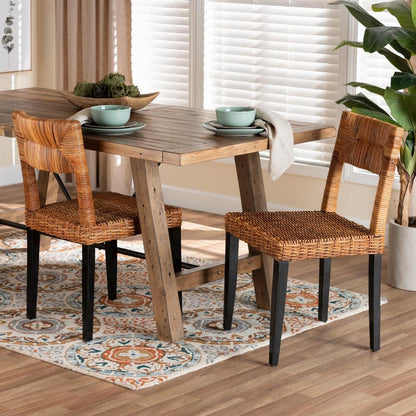 Bohemian Dark Brown Finished Wood and Natural Rattan 2-Piece Dining Chair Set