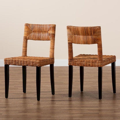 Bohemian Dark Brown Finished Wood and Natural Rattan 2-Piece Dining Chair Set