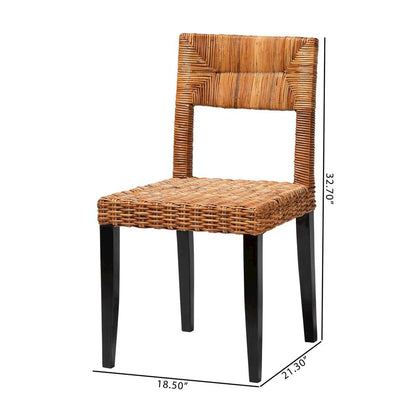 Bohemian Dark Brown Finished Wood and Natural Rattan 2-Piece Dining Chair Set