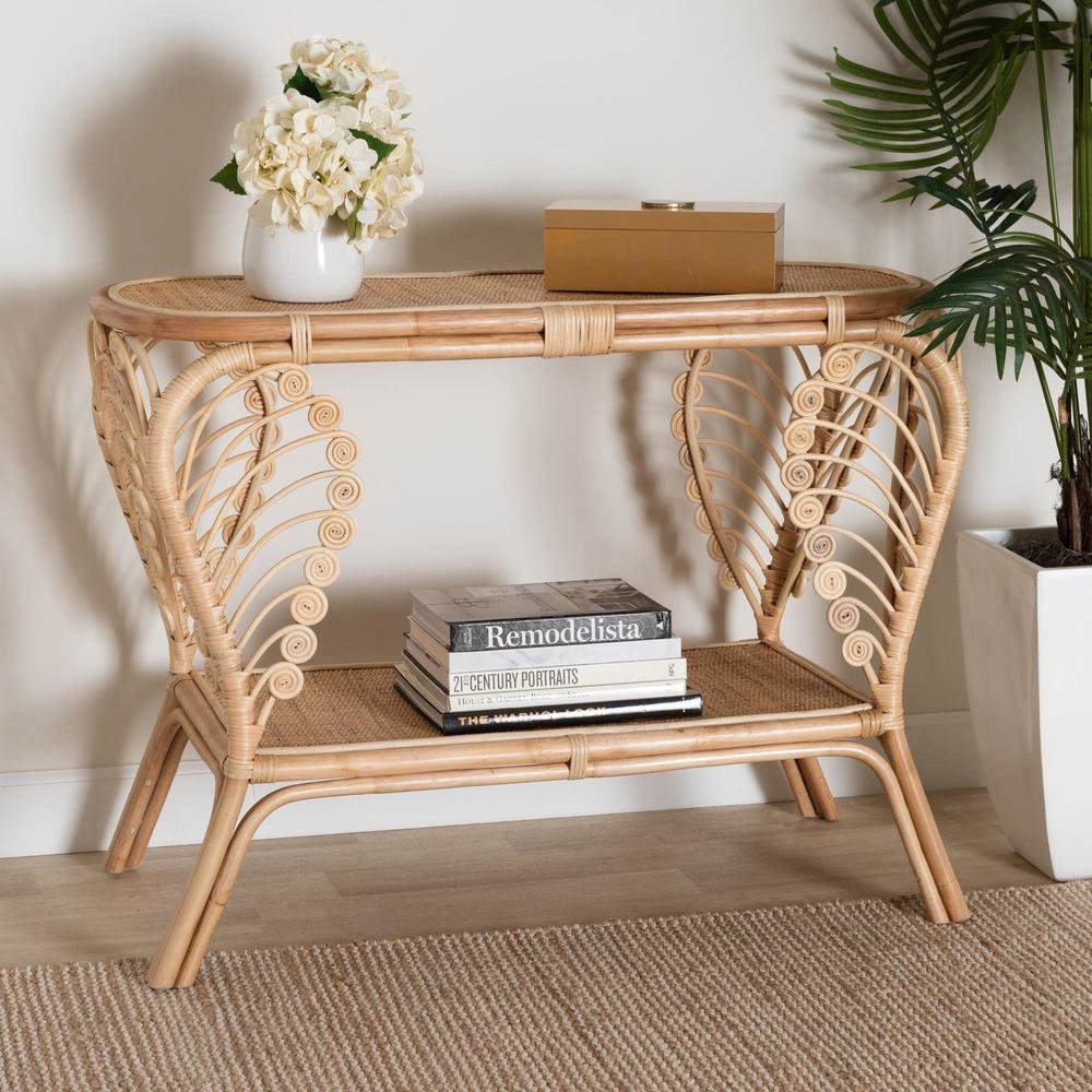 bali & pari Bastet Modern Bohemian Natural Brown Rattan 2-Tier Console Table