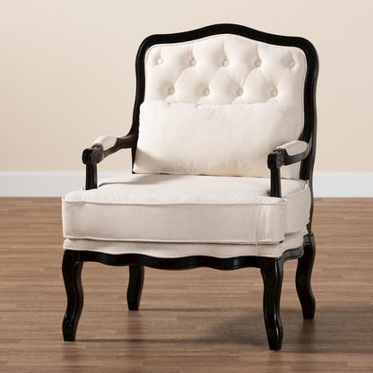 Dion Traditional French Cream Fabric and Wenge Brown Finished Wood Accent Chair