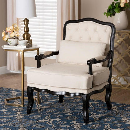 Dion Traditional French Cream Fabric and Wenge Brown Finished Wood Accent Chair
