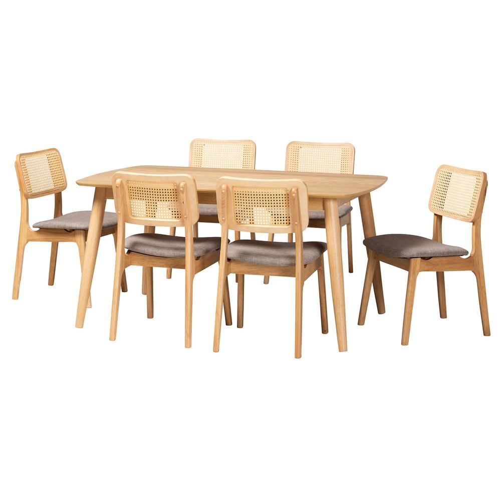 Grey Fabric and Natural Oak Finished Wood 7-Piece Dining Set