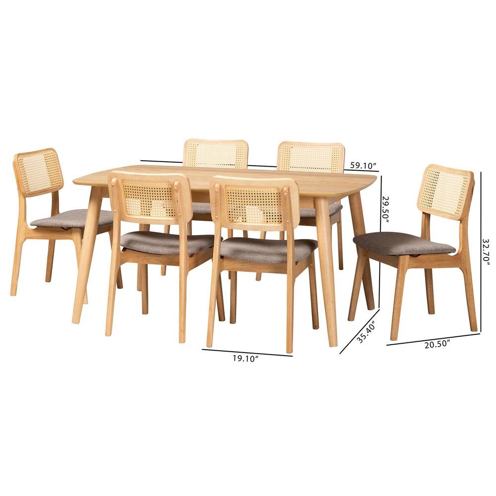 Grey Fabric and Natural Oak Finished Wood 7-Piece Dining Set
