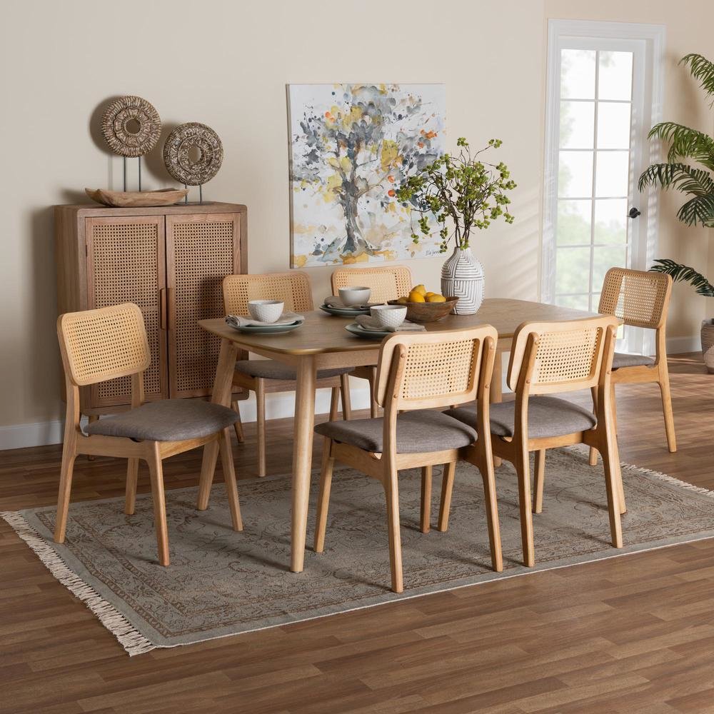 Grey Fabric and Natural Oak Finished Wood 7-Piece Dining Set
