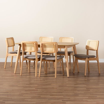 Grey Fabric and Natural Oak Finished Wood 7-Piece Dining Set
