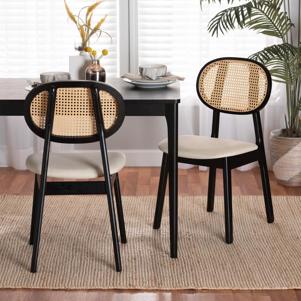 Cream Fabric and Black Finished Wood 2-Piece Dining Chair Set