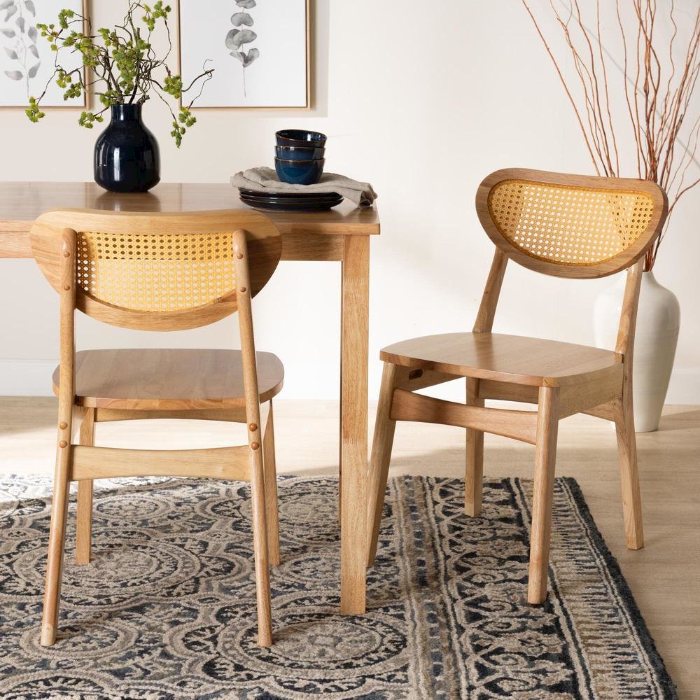 Oak Brown Finished Wood and Rattan 2-Piece Dining Chair Set