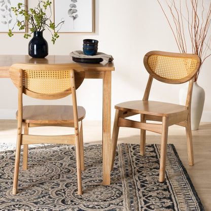 Oak Brown Finished Wood and Rattan 2-Piece Dining Chair Set