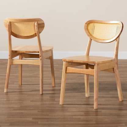 Oak Brown Finished Wood and Rattan 2-Piece Dining Chair Set