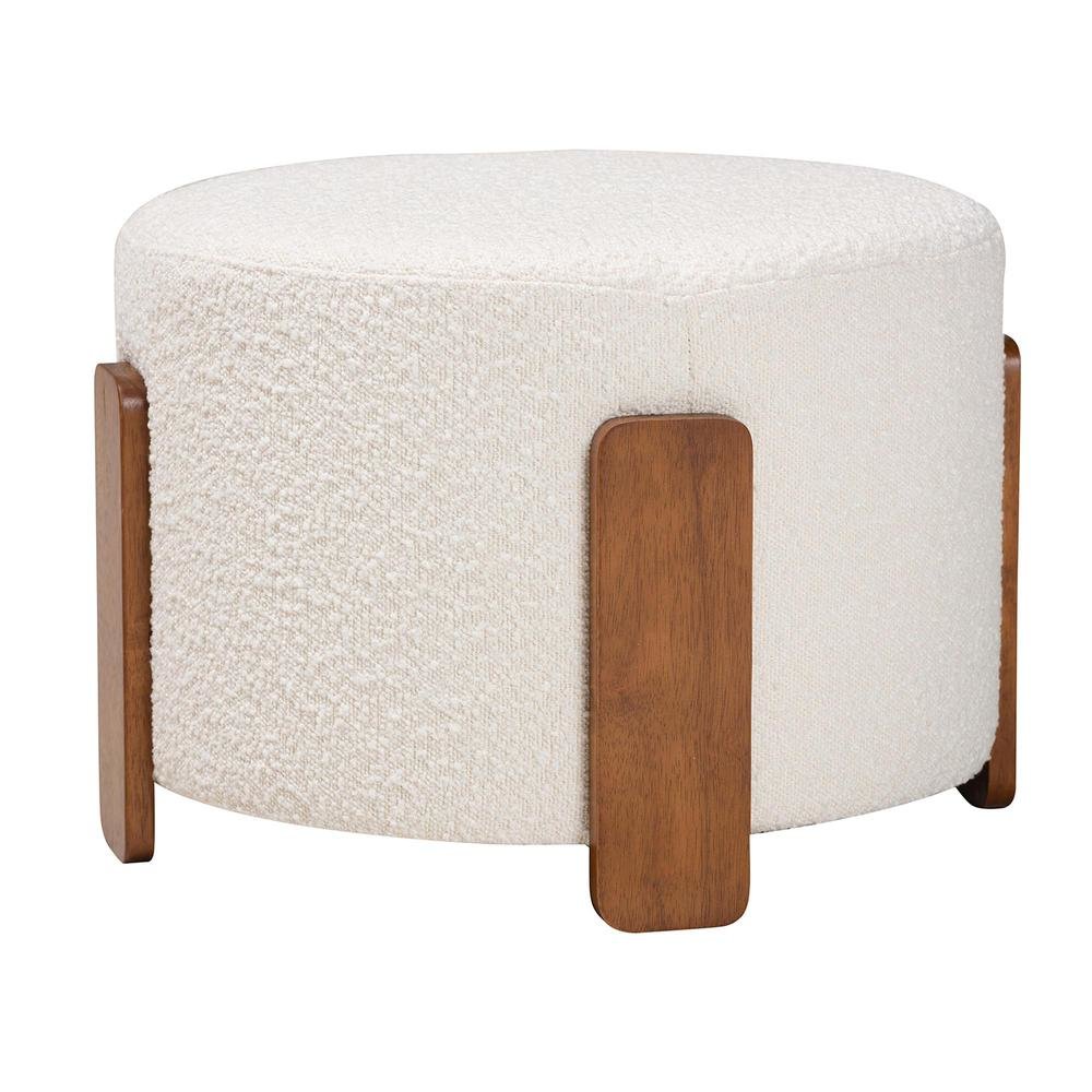 Japandi Cream Boucle Fabric and Walnut Brown Finished Wood Ottoman Footstool
