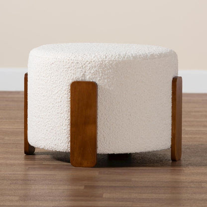 Japandi Cream Boucle Fabric and Walnut Brown Finished Wood Ottoman Footstool
