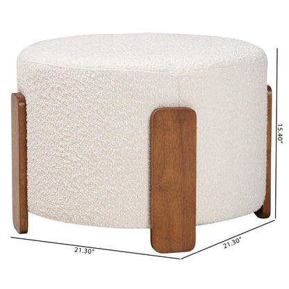 Japandi Cream Boucle Fabric and Walnut Brown Finished Wood Ottoman Footstool