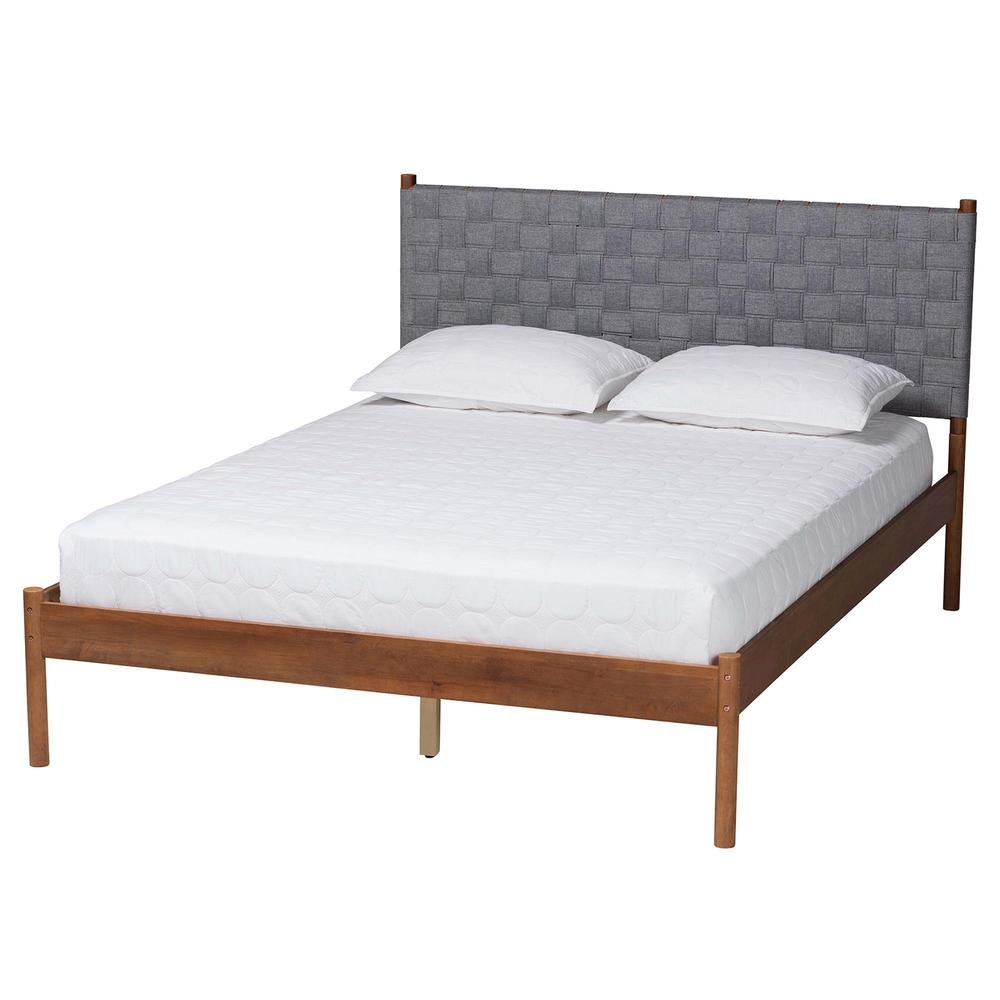 Modern Grey Woven Fabric and Walnut Brown Wood Queen Size Platform Bed