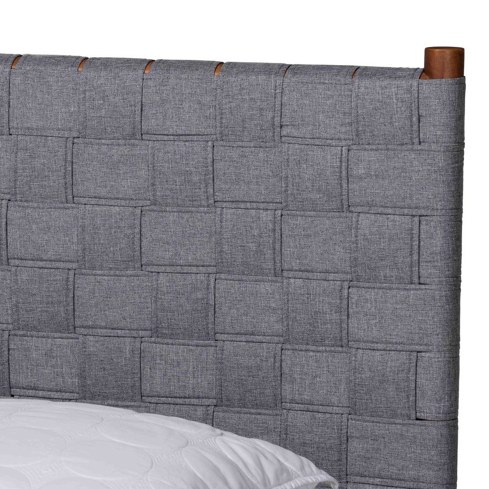 Modern Grey Woven Fabric and Walnut Brown Wood Queen Size Platform Bed