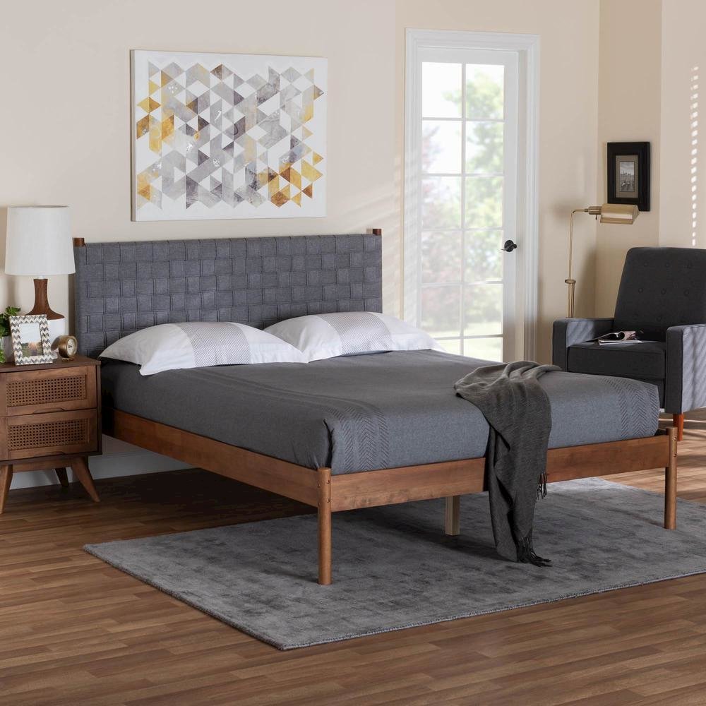 Modern Grey Woven Fabric and Walnut Brown Wood Queen Size Platform Bed
