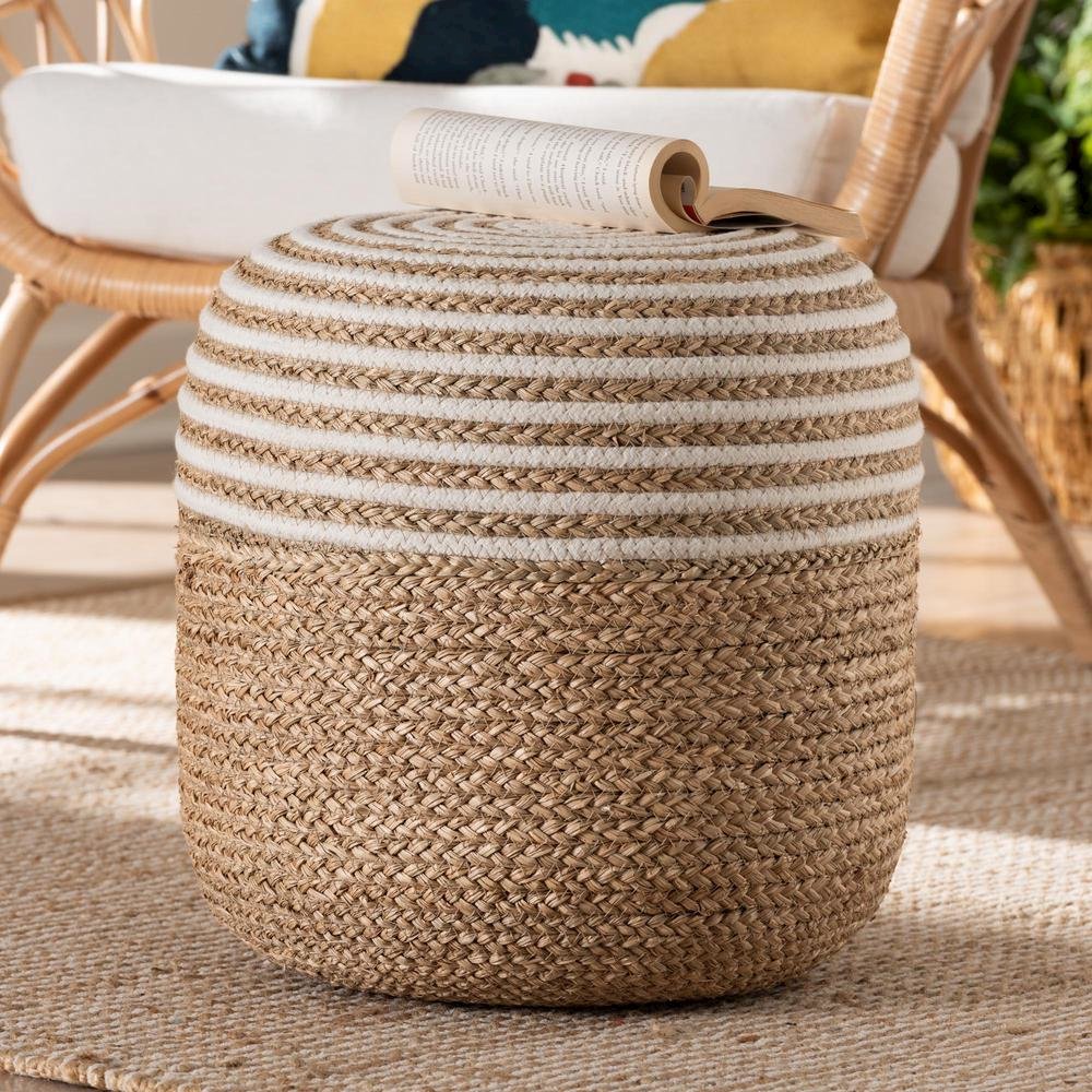 Bohemian Natural Brown Seagrass and Woven Rope Ottoman Footstool