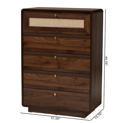 Jenibelle Classic Walnut Brown Wood 5-Drawer Chest with Rattan Drawer