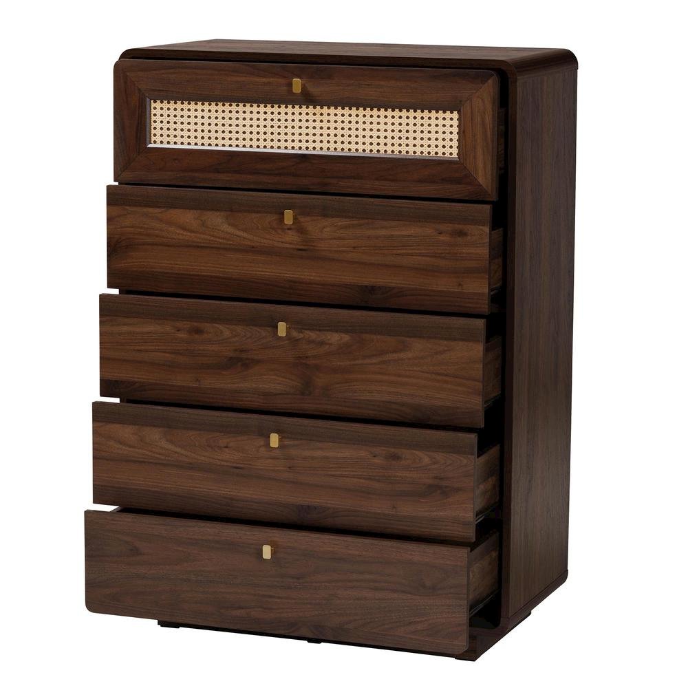 Jenibelle Classic Walnut Brown Wood 5-Drawer Chest with Rattan Drawer