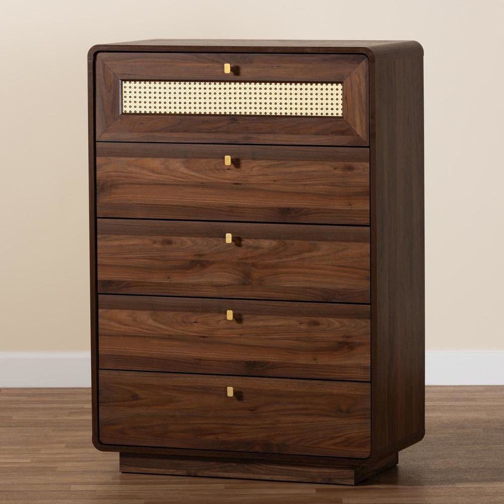 Jenibelle Classic Walnut Brown Wood 5-Drawer Chest with Rattan Drawer