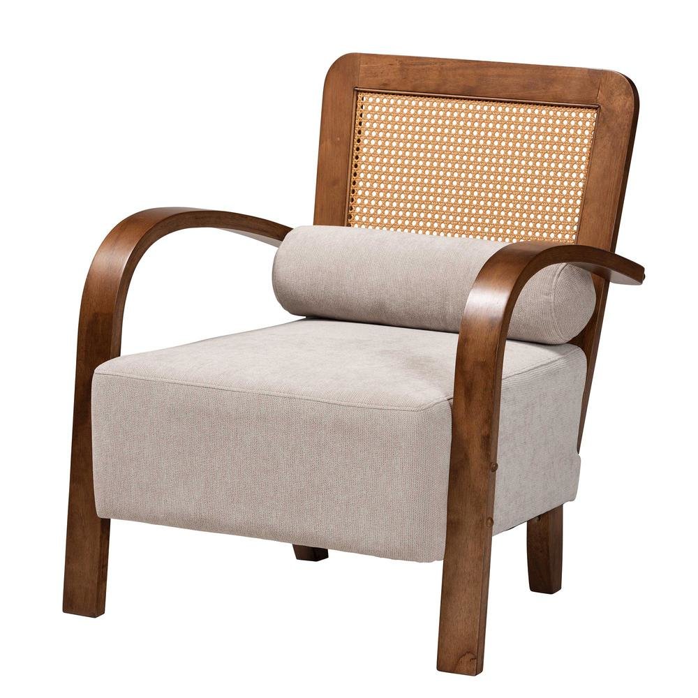 Modern Japandi Light Grey Fabric and Walnut Brown Finished Wood Arm Chair