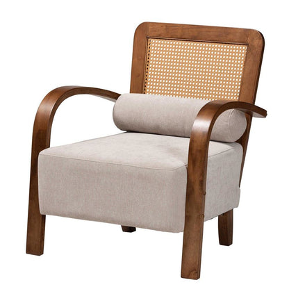Modern Japandi Light Grey Fabric and Walnut Brown Finished Wood Arm Chair