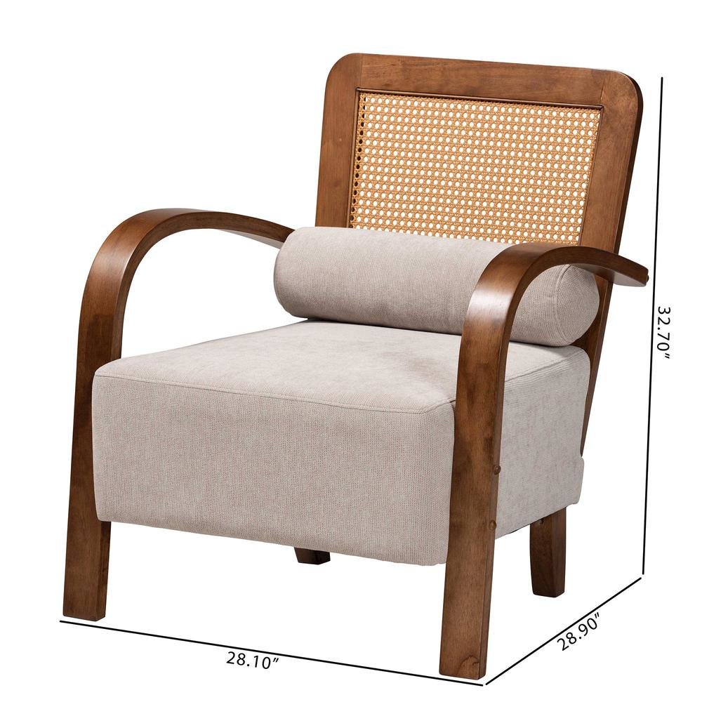 Modern Japandi Light Grey Fabric and Walnut Brown Finished Wood Arm Chair