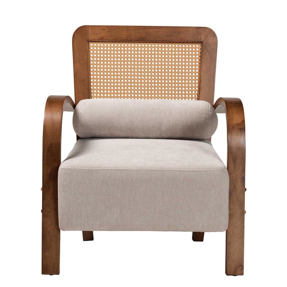 Modern Japandi Light Grey Fabric and Walnut Brown Finished Wood Arm Chair