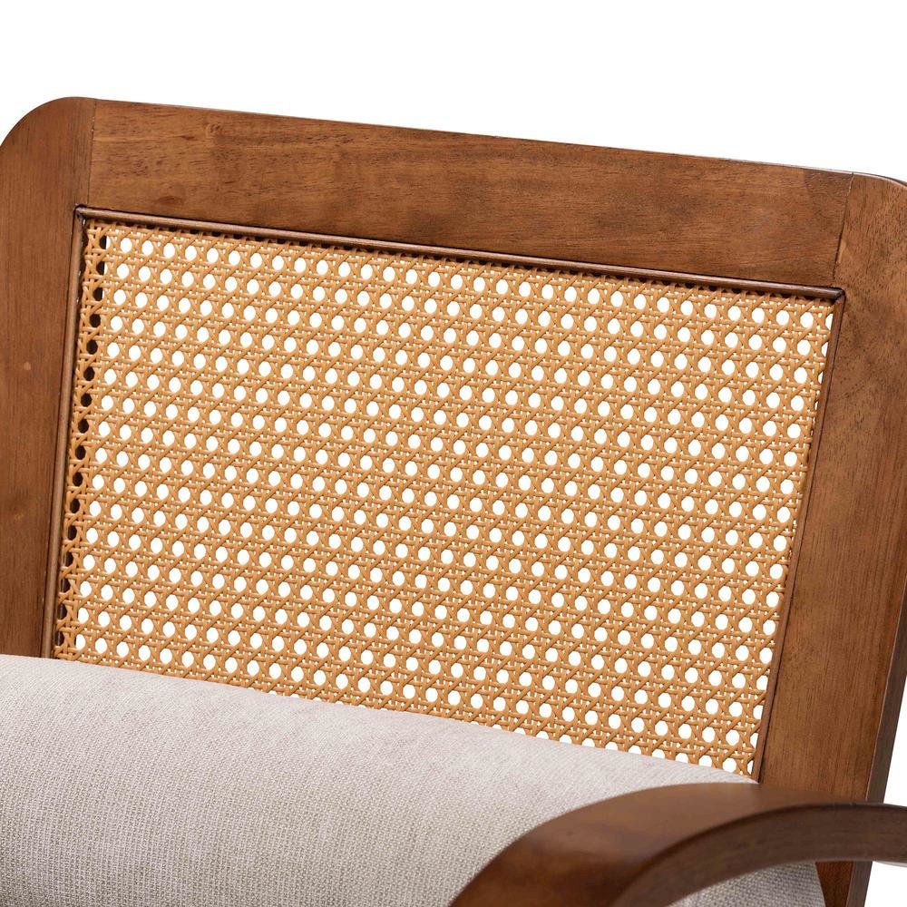 Modern Japandi Light Grey Fabric and Walnut Brown Finished Wood Arm Chair