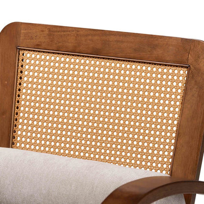 Modern Japandi Light Grey Fabric and Walnut Brown Finished Wood Arm Chair