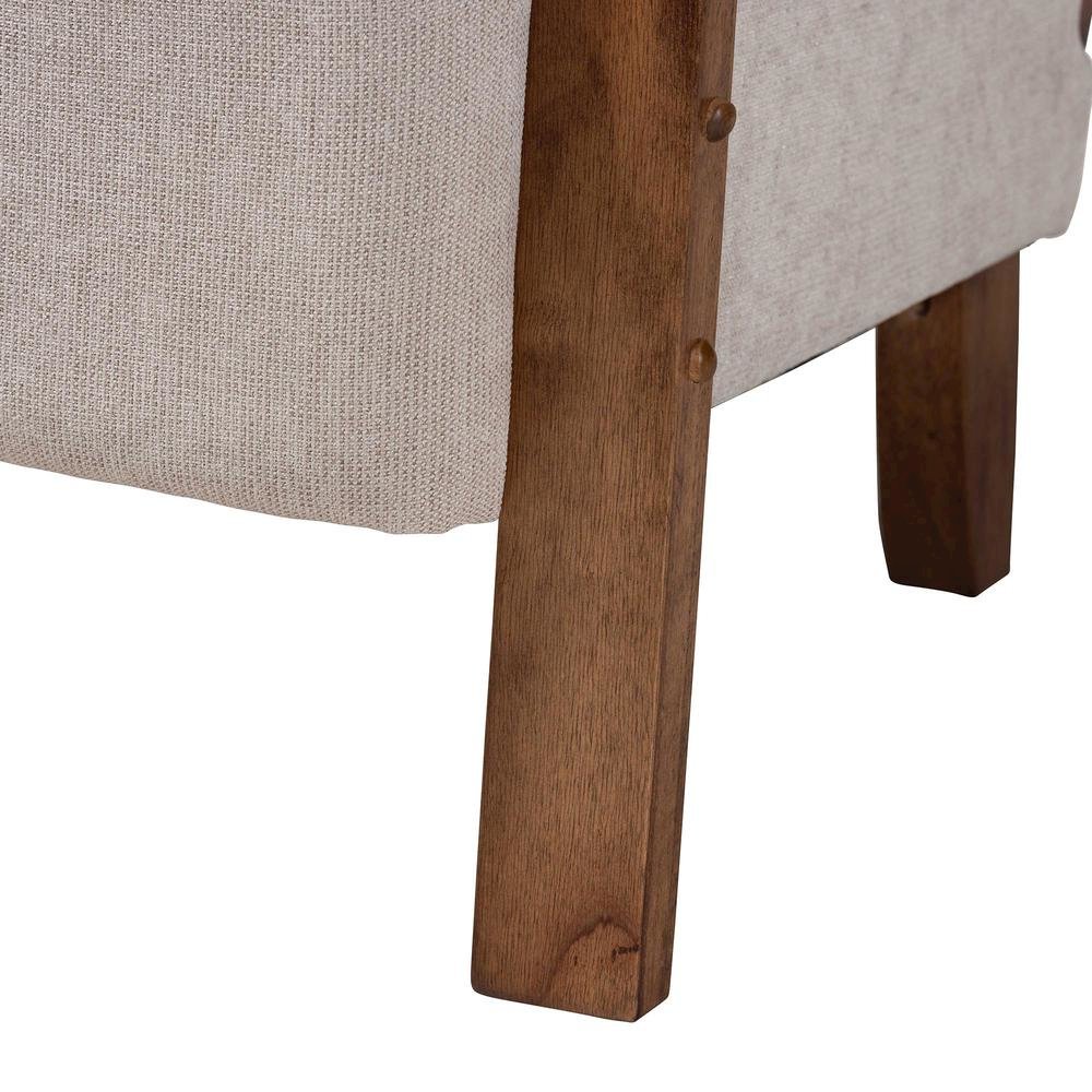 Modern Japandi Light Grey Fabric and Walnut Brown Finished Wood Arm Chair