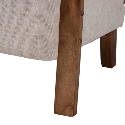 Modern Japandi Light Grey Fabric and Walnut Brown Finished Wood Arm Chair