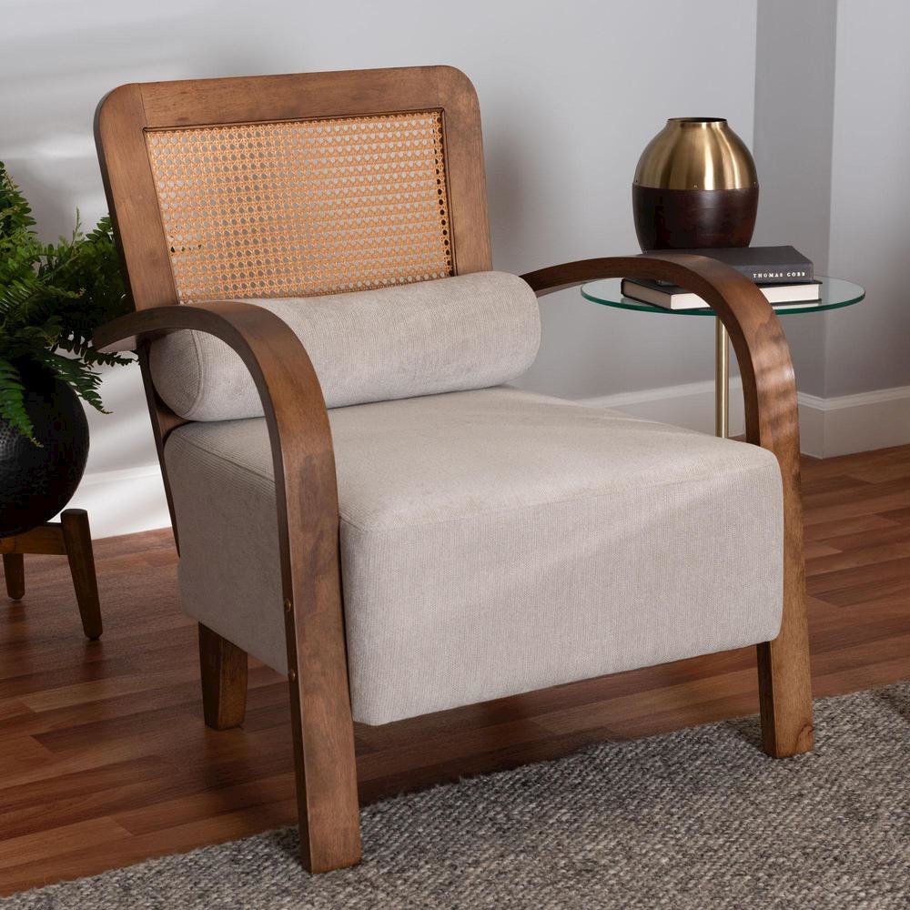 Modern Japandi Light Grey Fabric and Walnut Brown Finished Wood Arm Chair