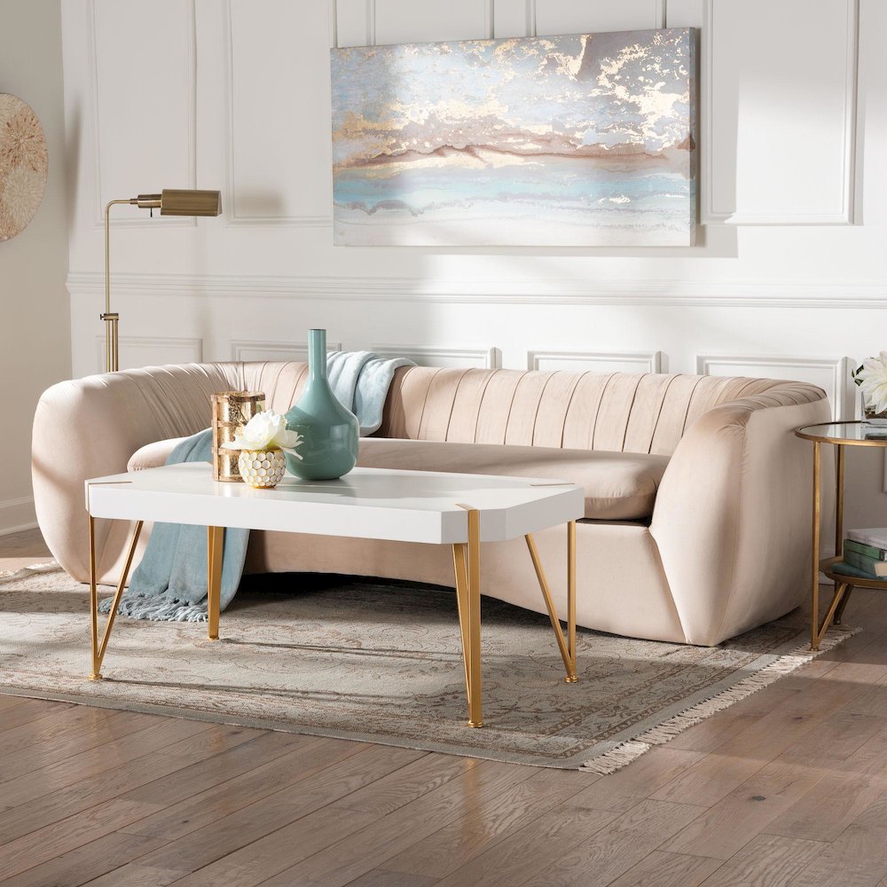 Adanna Glam and Luxe Champagne Beige Velvet Fabric Sofa