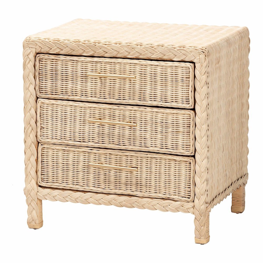 Lanica Japandi Sun Bleached Rattan 3-Drawer Nightstand