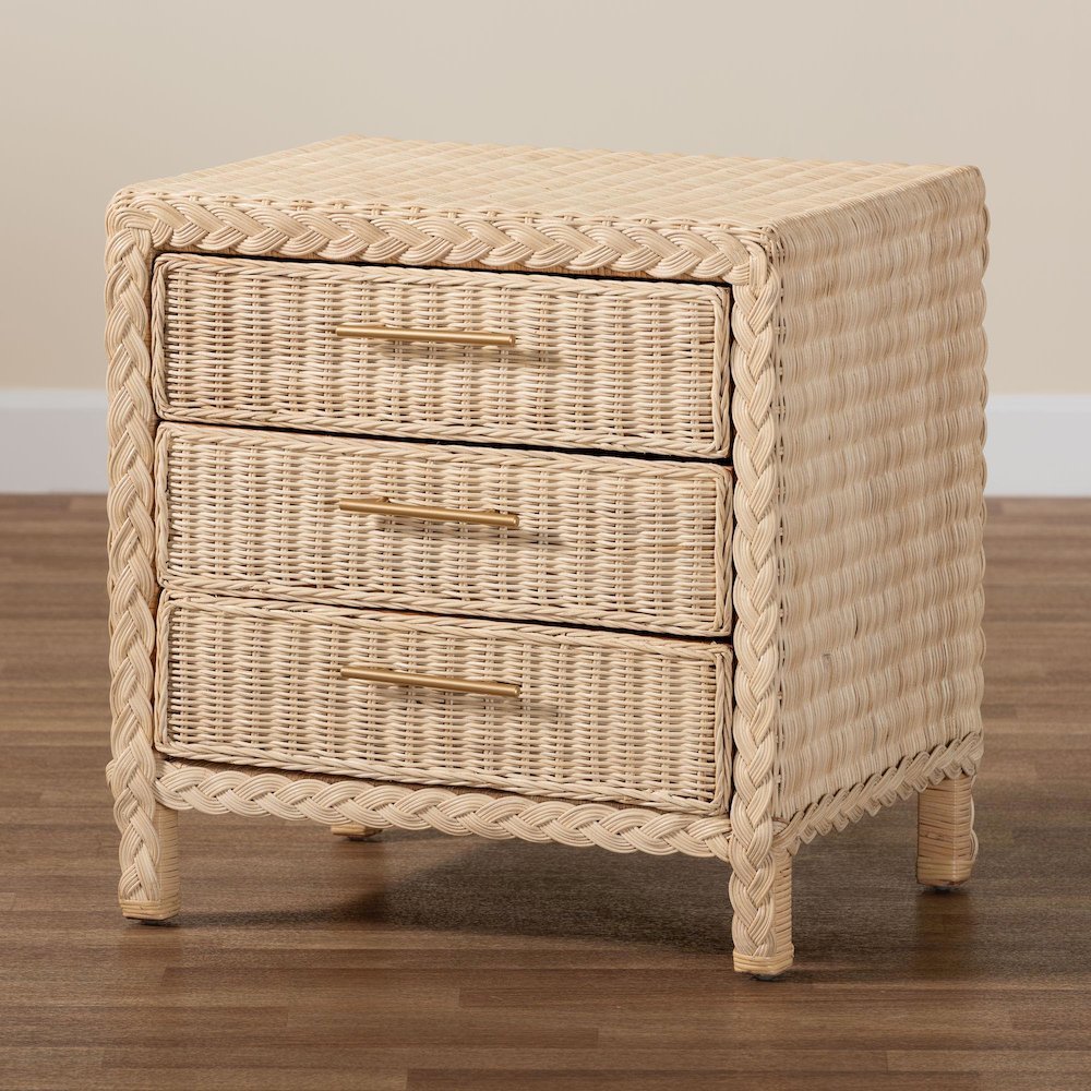 Lanica Japandi Sun Bleached Rattan 3-Drawer Nightstand
