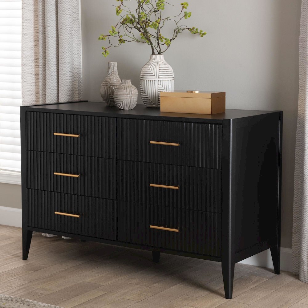 Primrose Mid-Century Black Fluted Wood 6-Drawer Dresser