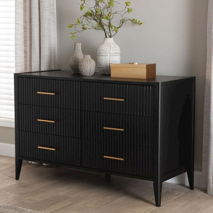 Primrose Mid-Century Black Fluted Wood 6-Drawer Dresser