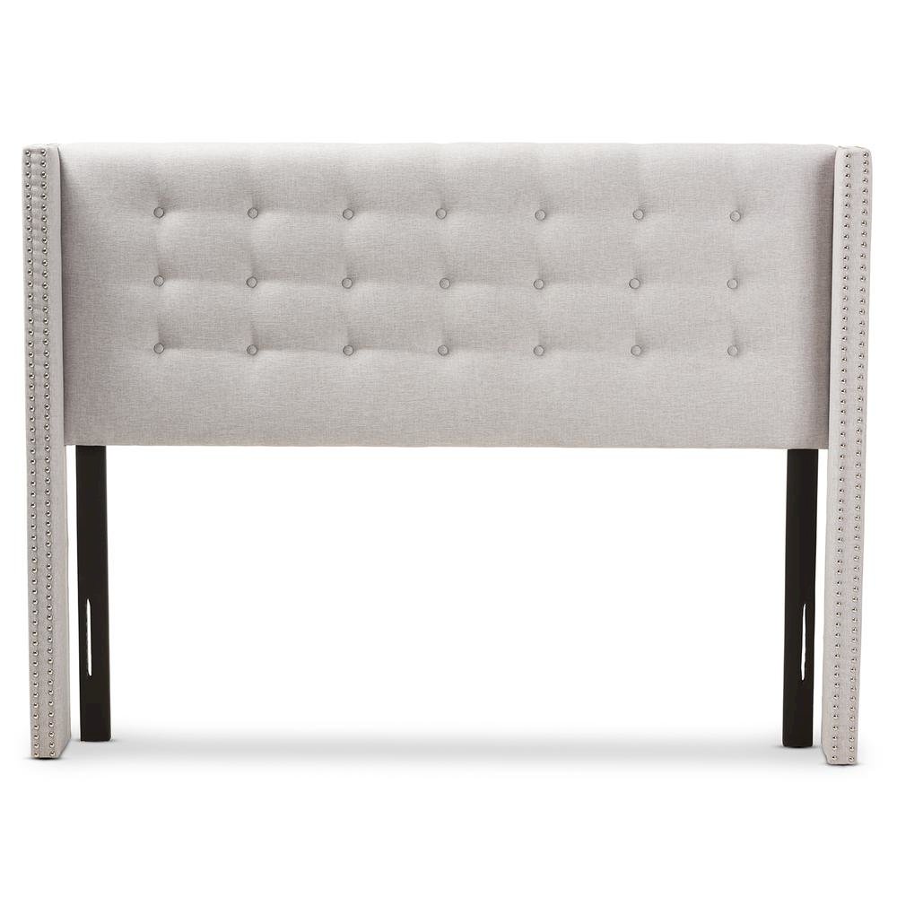 Greyish Beige Fabric Button-Tufted Nail head Queen Size Winged Headboard