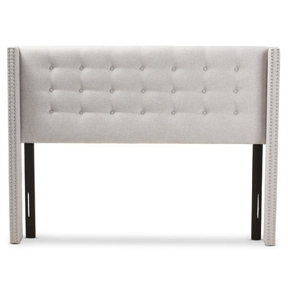 Greyish Beige Fabric Button-Tufted Nail head Queen Size Winged Headboard